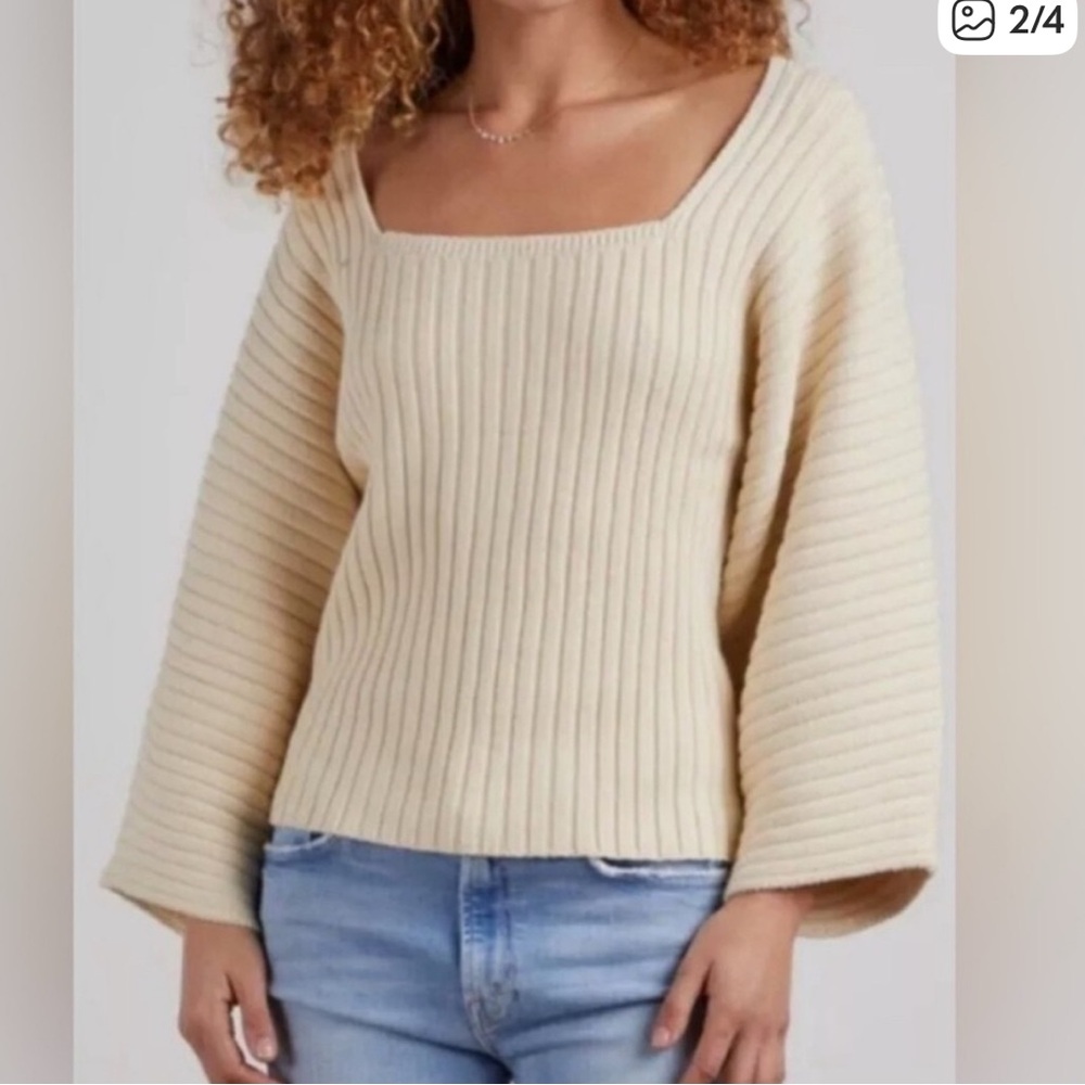 Square Neck Ribbed Knit Sweater - Cream